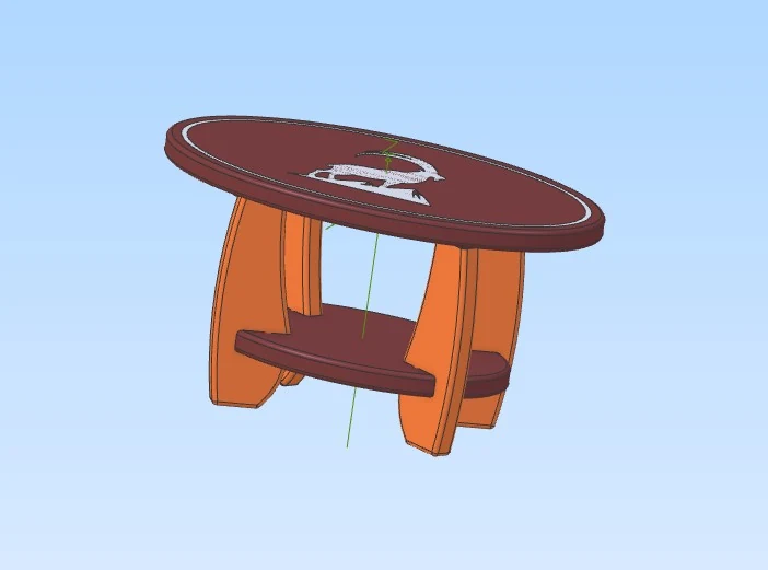 3D-Modell des Beistelltischs im CAD, mit Platte, geschwungenen Beinen und unterer Ablage